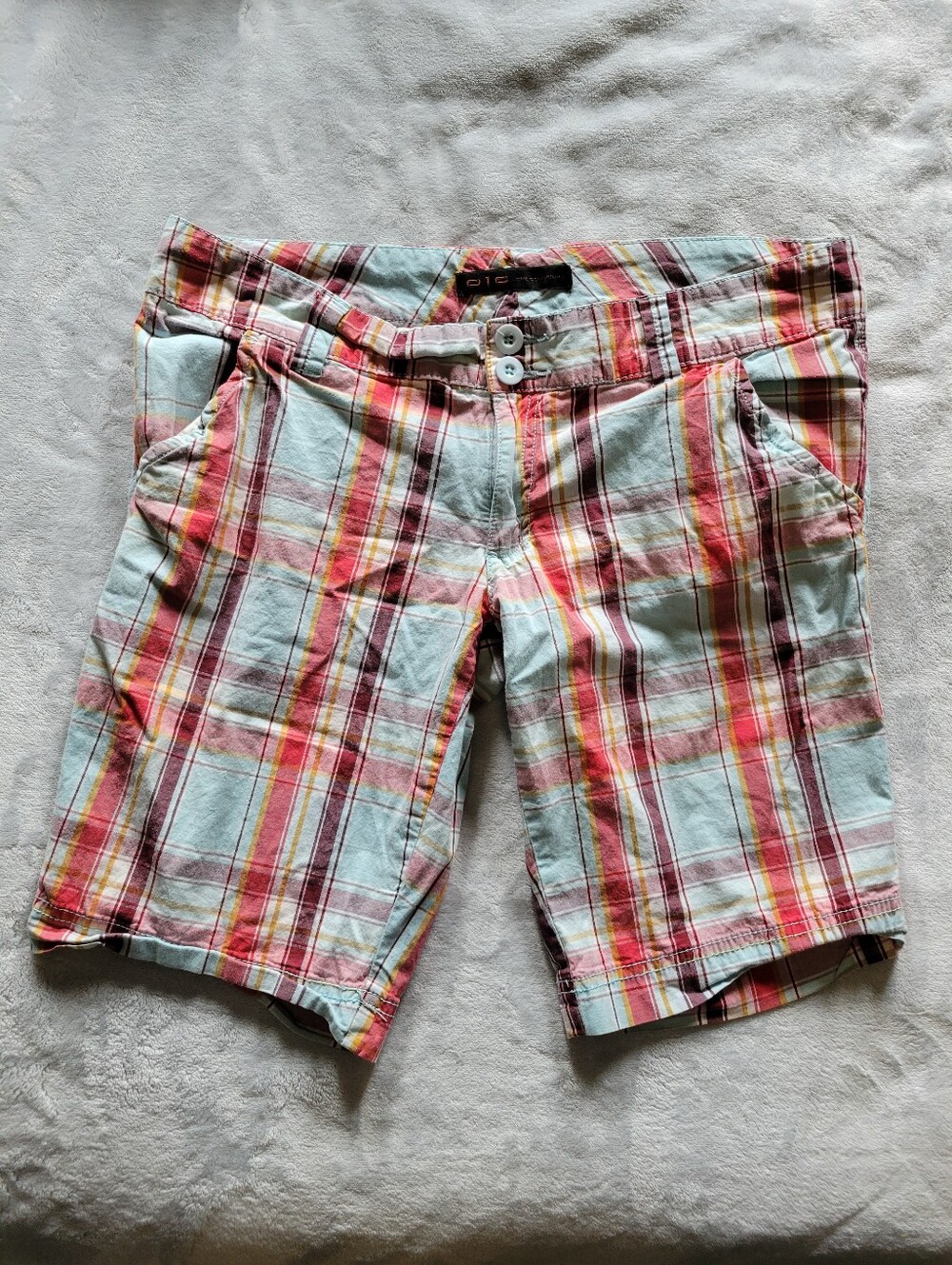 One Community | Y2k Plaid Women’s Bermuda Shorts in Light Blue and Coral